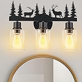 Monyohame Farmhouse Rustic Deer Bathroom Light Fixtures, 3-Light Black Vanity Lights with Clear Glass Shade, Wall Lamp for Ba