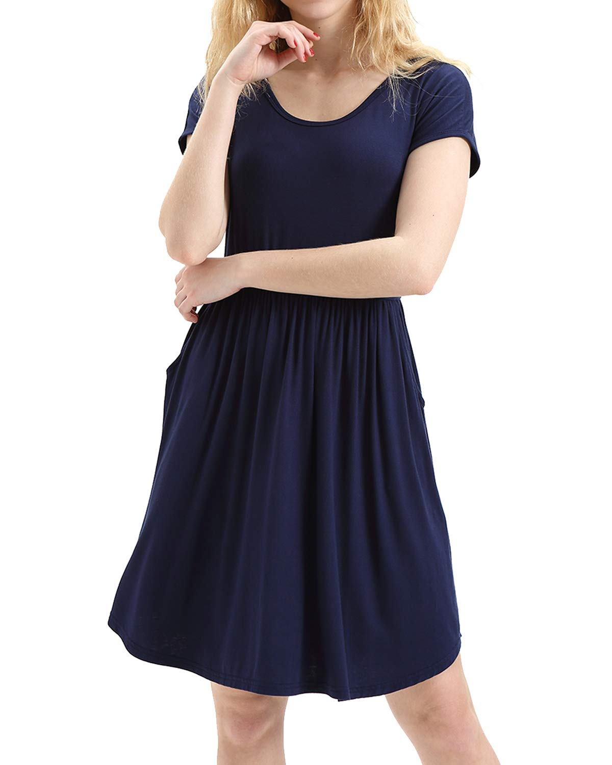 HUALAIMEI Dress Shirts for Women Business Casual, Ladies Scoop Neck Short Sleeve Midi Dresses Knee Length Comfy Long Tunic with Pockets Navy Blue L