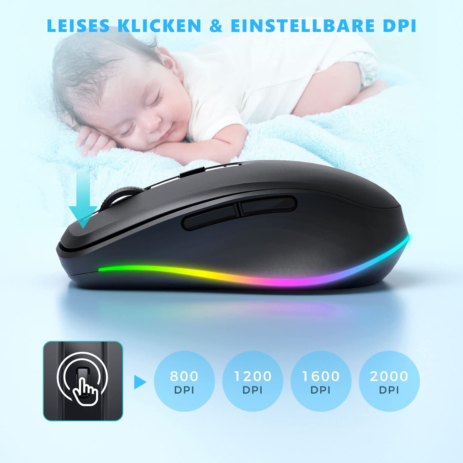 seenda Kabellose Maus mit Jiggler, RGB-Beleuchtung, 2000 DPI, Schwarz 4