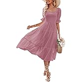 MEROKEETY Women's 2025 Summer Square Neck Puff Sleeve Boho Midi Dress Swiss Dot Ruffle Flowy Tie Back Dress