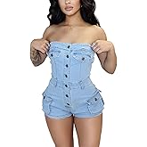 Geulis Womens Tube Denim Romper Sexy Bodycon Strapless Backless Cargo Shorts Summer Stretch Jean Jumpsuit Clubwear