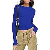 Womens Long Sleeve Shirts Basic Tees Y2k Slim Fit T Shirt Crew Neck Trendy Crop Top Casual