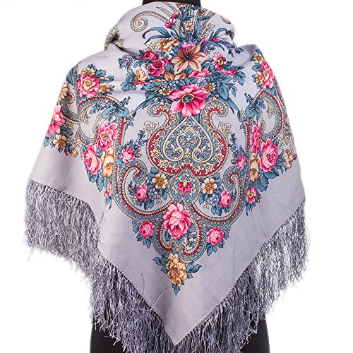 Rococo 100% Wool Russian Shawl with Silk Fringe 49.2x49.2'' (125x125 cm) Light Blue