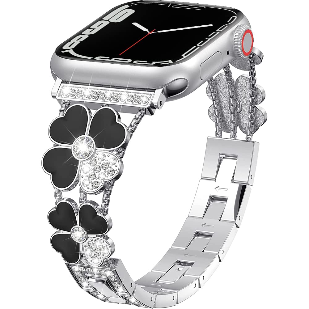 MiRowy Compatible with Apple Watch Series 10 42 mm/9/8/7 41 mm/Watch SE 2/1 40 mm, Metal Strap with Bling Diamond Replacement Bracelet for Apple Watch Series 6/5/4 40 mm/3/2/1 38 mm, Silver