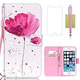 iPhone 5S Case,iPhone 5S Wallet Case,5S Case,CASELAND Flip Cover Wallet PU Leather with Stand + Lanyard Case for iPhone 5 5S SE- Lotus