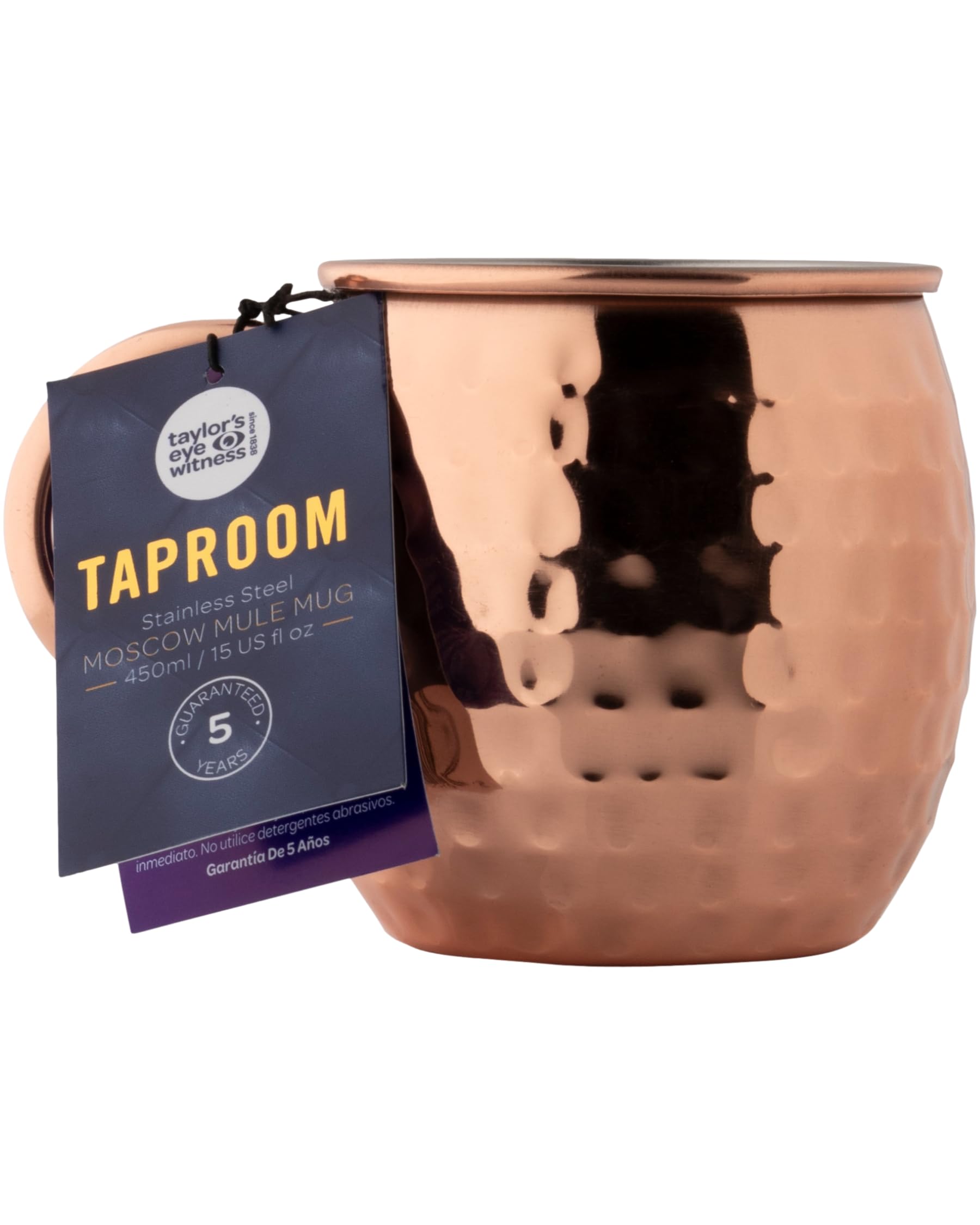 Taylors Eye Witness Taproom Copper Coloured Stainless-Steel Cocktail Moscow Mule - 500ml (17fl oz) Hammered Stainless Steel Mug with Handle, for Cocktails, Whiskey, Beer, Ice Drinks.