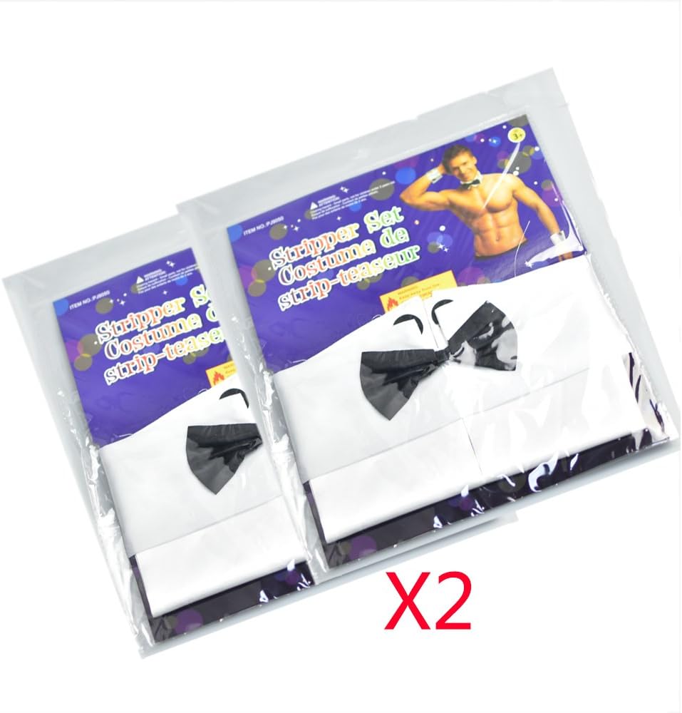 【ElekFX】2x Adult Fancy Dress Sexy Waiter Stag Night Collar Cuffs Bow Tie Male Stripper Kit (2 Pack)
