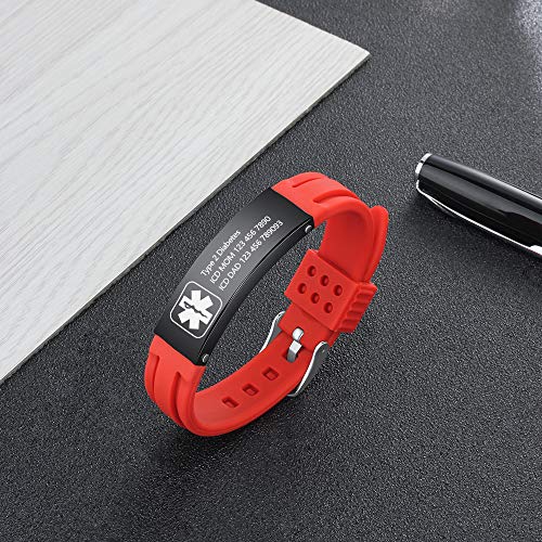 Free Engraving 9 Inch Silicone Adjustable Medical Bracelets Sport Emergency ID Bracelets for Men Women Kids Waterproof Rubber Alert Bracelets (Red-black)