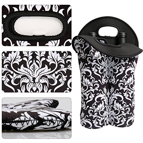 2-Bottle Insulated Neoprene Wine/Water/Beverages Bottle Tote Wine Carrier Picnic Cooler Bag (Black Flower)