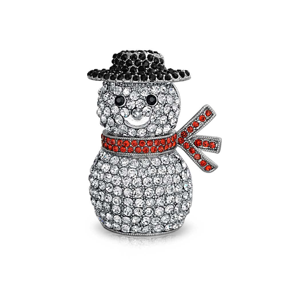 Winter Holiday White Glittering Crystal Fashion Large Statement Christmas Snowman Scarf Brooch Pin For Women Silver Plated