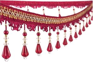 Yalulu 4 Yards Beaded Fringe Trim, Handmade Hanging Crystal Beaded Tassel Fringe Trim Sewing Trim Fringe for Curtain Tablecloth Home Decoration (Wine Red)