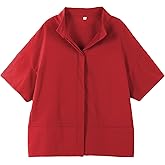Ainangua Women Casual Button Down Shirts Oversized Short Sleeve Stand Collar Tops Trendy Work Blouses Summer Travel Outfits Red