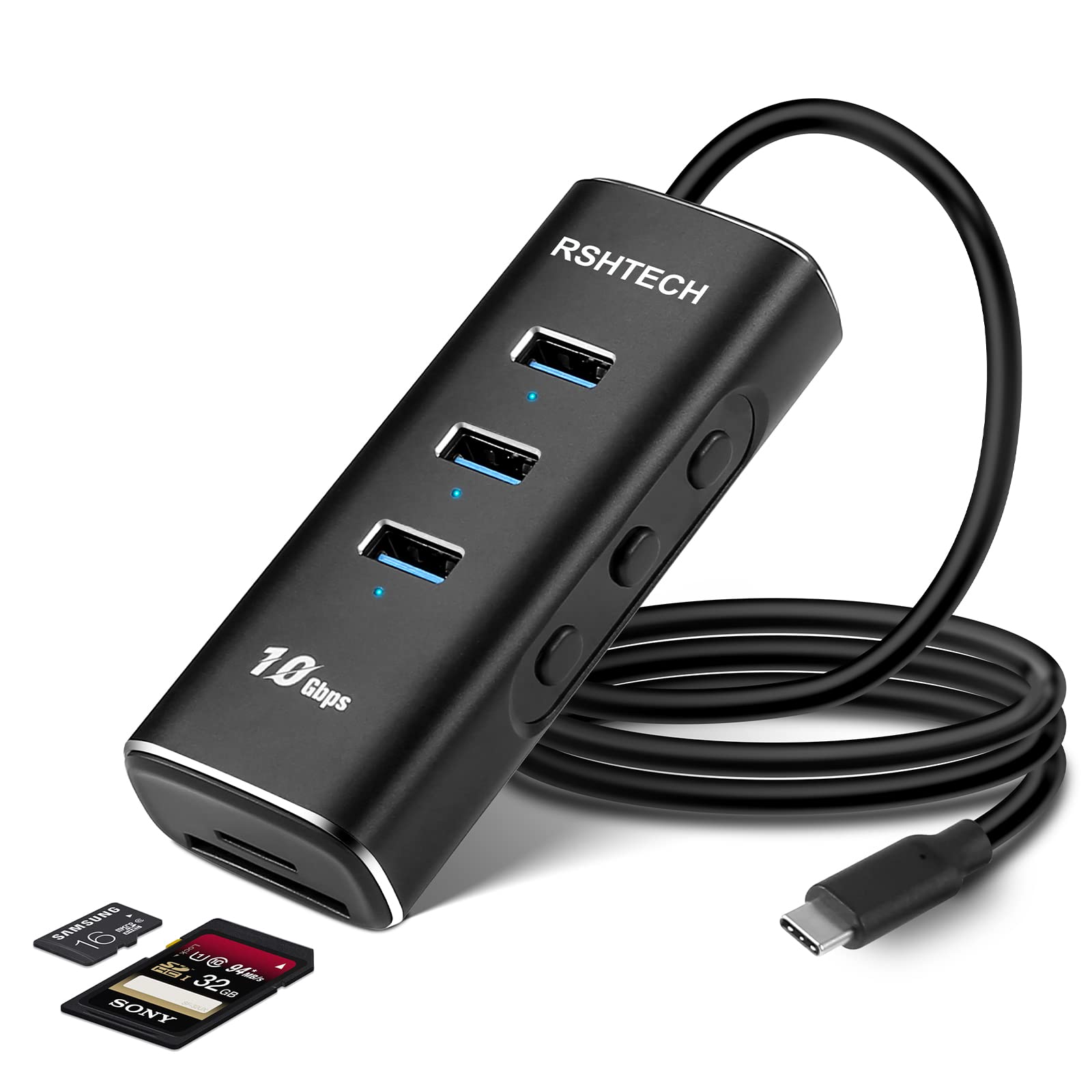 RSHTECH 10Gbps USB C Hub, 5-in-1 USB-C Multiport Adapter with 3x 10Gbps USB 3.2 Ports, SD/TF and 2ft Cable (RSH-A104D, Without Power Adapter)