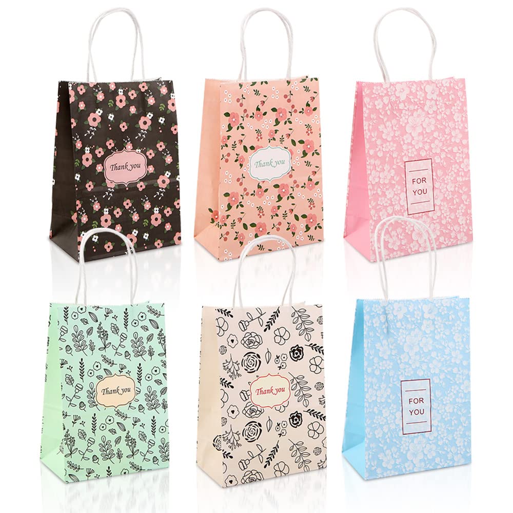 6 Elegant Thank You Gift Bags - Small Kraft Paper Bags with Handles, 8.3"x 6"x 3.1" - Perfect for Birthday, Wedding, Boutique (Flower)
