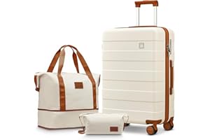 imiomo 24 IN Checked Luggage, Suitcase with Spinner Wheels, Hardside 3PCS Set Lightweight Rolling Travel Luggage with TSA Lock(24"/Beige)