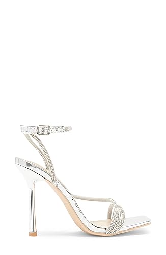 Wild Diva Women's Square Toe Rhinestone Embellished Straps Formal Stiletto  High Heels Narala-02 (Silver PU, 9)