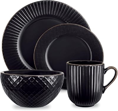 Tower Empire 16 Piece Dinnerware Set Stoneware Black and Brass