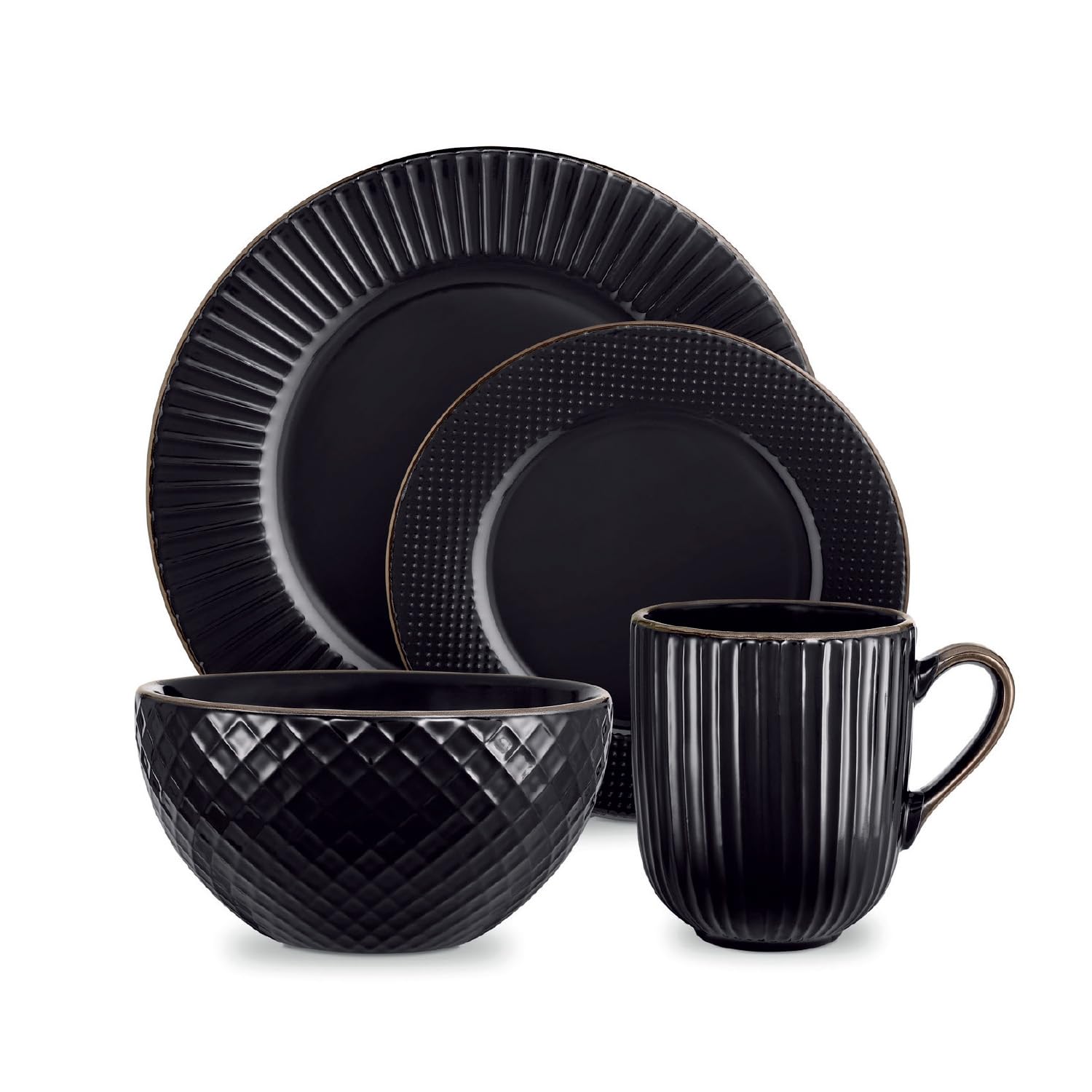 Tower Empire 16 Piece Dinnerware Set, Stoneware, Black & Brass, T867002BLK