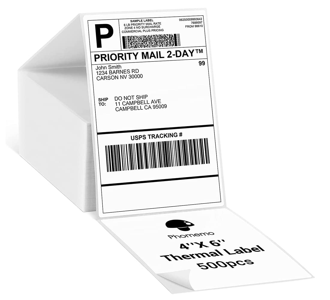 Phomemo 4x6 Thermal Paper Printer Label Thermal Direct Shipping Label Package Labels Compatible with Rollo Dymo Phomemo and Other 4 * 6 Label Printer (Pack of 500 4''x 6'' Fan-Fold Labels)