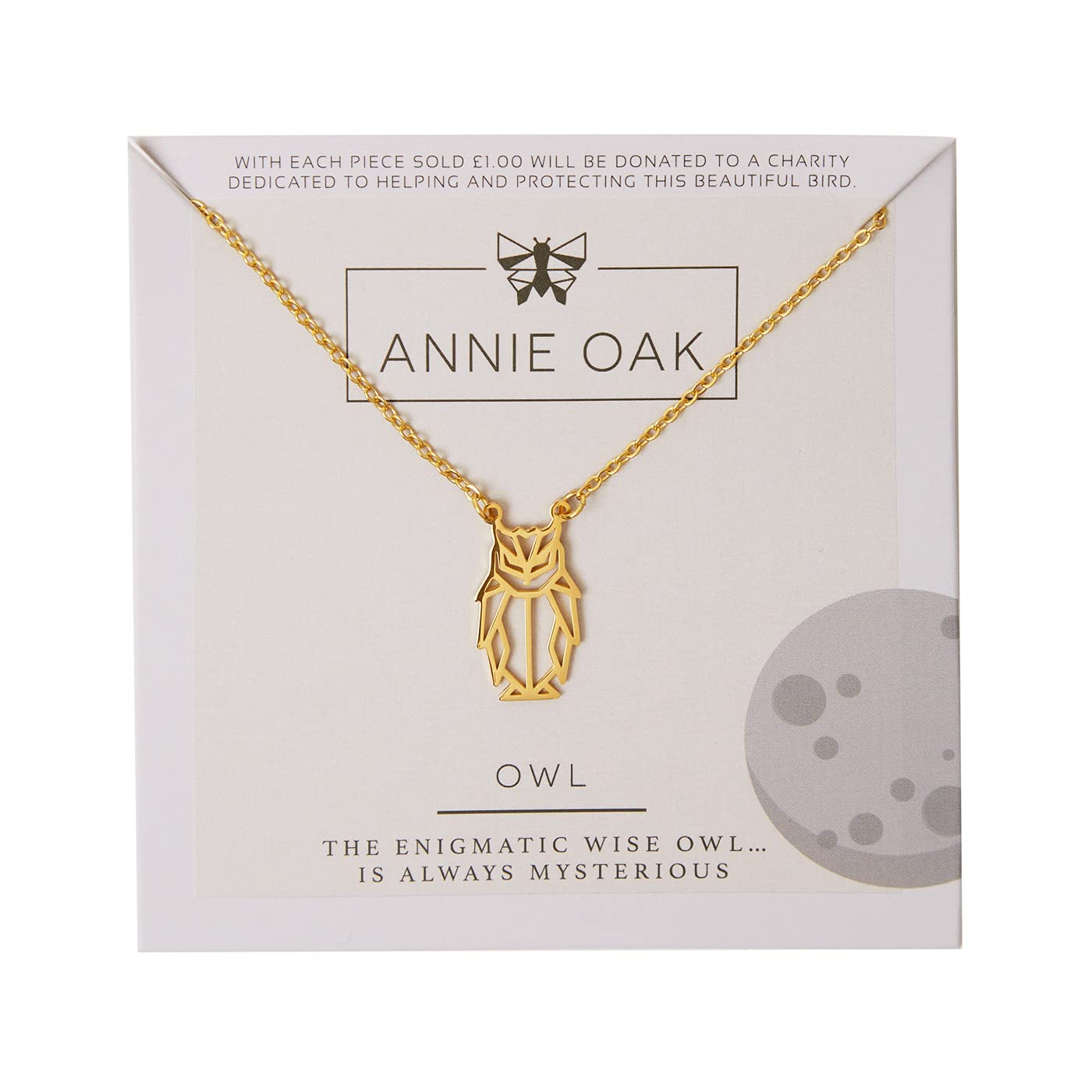 Annie Oak Womens 316L Stainless Steel 18k Gold Geometric Owl Princess Length Necklace
