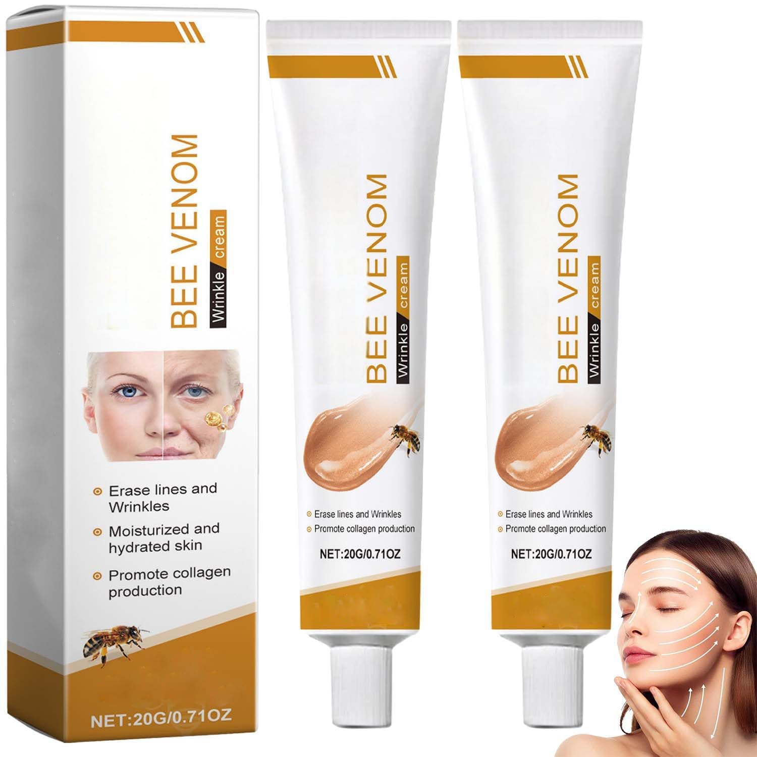 2PCS Furzero Bee Venom Anti-Wrinkle Cream, Furzero Bee Venom Wrinkle Removal Cream, Anti-Wrinkle Moisturiser for Face and Neck, Bee Venom Anti-Wrinkle Cream for All Skin Types