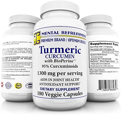 Pure Turmeric Curcumin with Bioperine 1300mg –180 Caps with 95% Curcuminoids – 100% Natural Turmeric Root - Powerful Antioxidant, Maximum Joint Comfort & Mobility, Natural Anti-Inflammatory