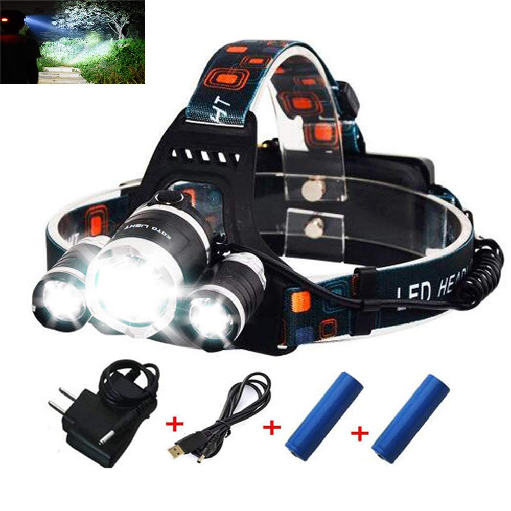 Bright Waterproof LED Headlight Flashlight Torch with 3×T6 Lampwick for Reading Outdoor Running Camping Fishing Walking Hunting Hiking (Black)