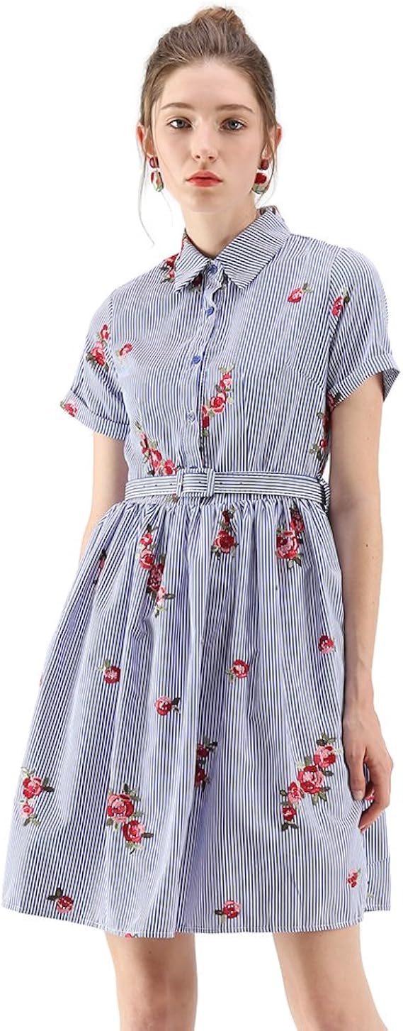 Amazon Co Jp Chicwish シックウィッシュ レディース ベルト付き 花柄刺繍 ストライプ ワンピース ブルー 服 ファッション小物