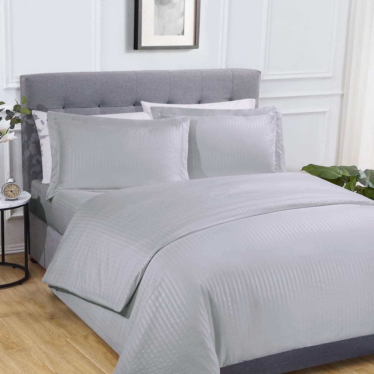Sleepdown Sateen Stripe Silver Super Soft Easy Care Complete Duvet Cover Quilt Bedding Set Pillowcase with Fitted Sheet - Single, 5056242780014