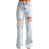 Flamingals Women's Ripped Bootcut Jeans Mid Rise Tummy Control Cut Out Raw Hem Denim Jeans