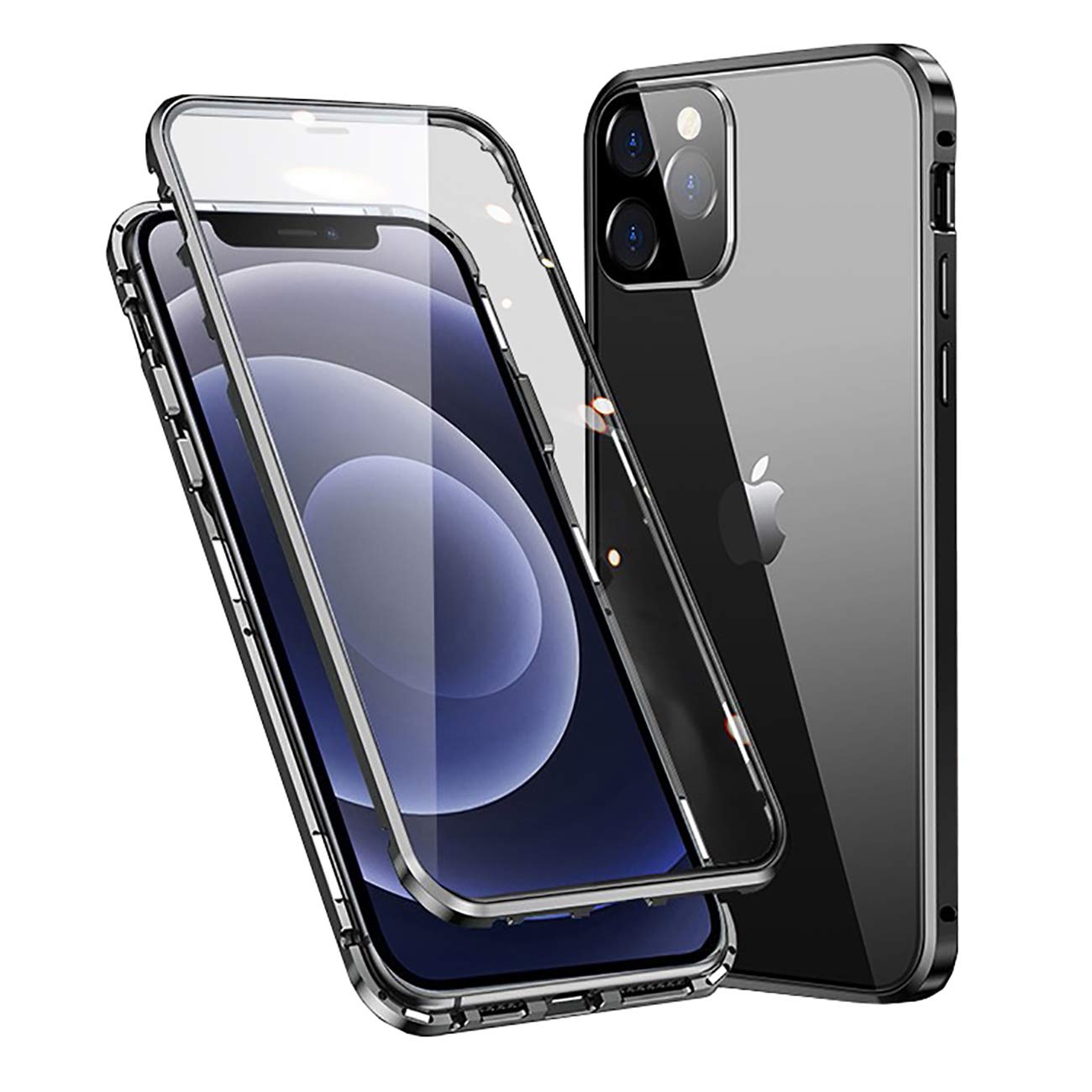 MOSSTAR Case for Apple iPhone 12, Magnetic Adsorption Metal Bumper with Front and Back Transparent Tempered Glass Flip Cover 360 Degree Full Body Protective Case for iPhone 12 6.1", Clear Black
