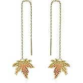 Maple Leaf Earrings 925 Sterling Silver Threader Earrings Plated with 14k Gold for Women Orange Nature Earrings
