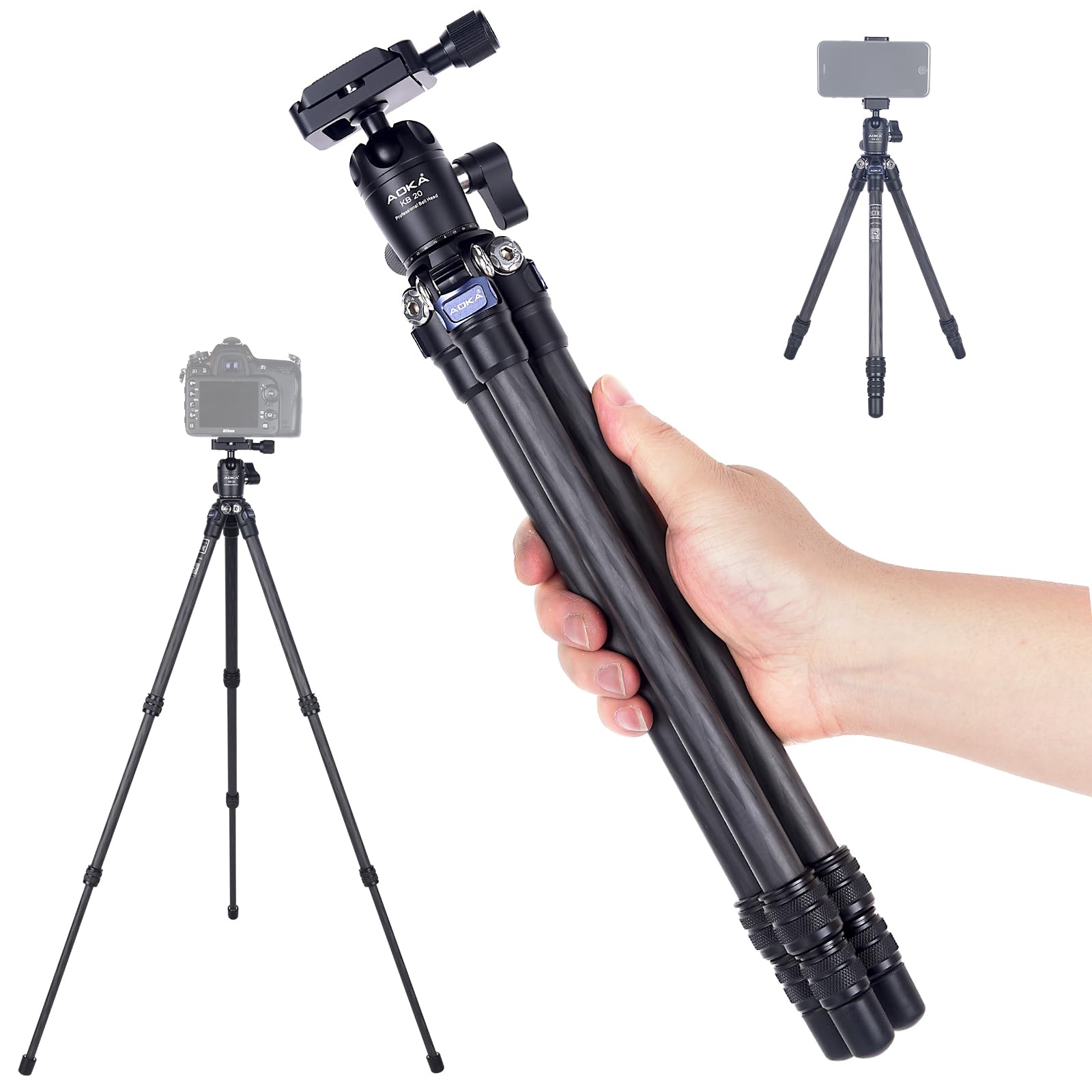 AOKA 28in/1.1lb Lightweight Compact Carbon Fiber Tripod with 360° Ballhead Travel Mini Tripod for Mobile Phone and Compact Mirrorless Cameras Black