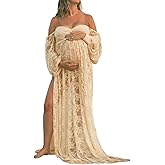 JustVH Maternity Lace Off Shoulder Lantern Sleeves Maxi Photography Dress for Photoshoot Double Split Gown for Baby Shower