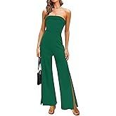 ZESICA Women's Strapless Jumpsuit Casual Off Shoulder High Waist Wide Leg Side Slit Long Romper Playsuits with Pockets