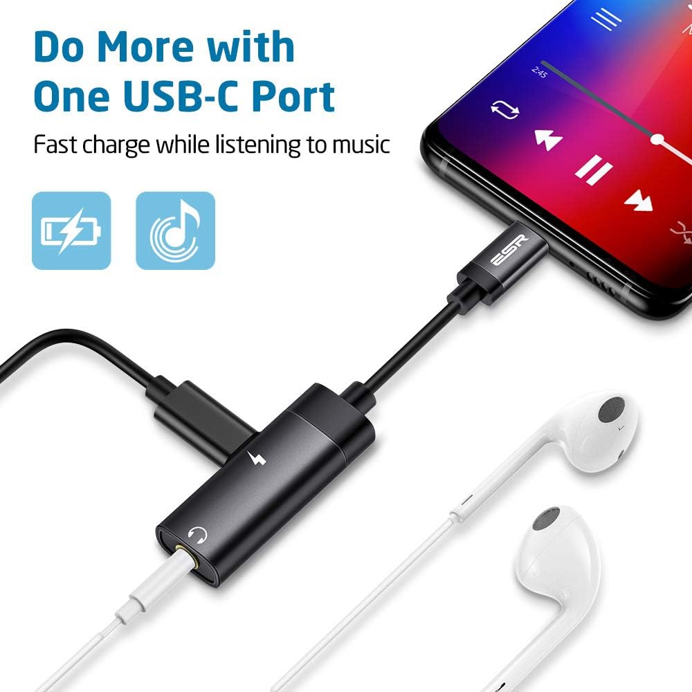 ESR 2-in-1 USB-C PD Headphone Jack Adapter, Type-C to 3.5mm Audio Adapter, for Aux, Stereo, Earphones, Headset, Headphones, Compatible with Galaxy S20/S10/Note10, Pixel 3/4, iPad Pro 2018, Black: Electronics