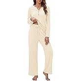 OUGES 100% Cotton Womens Maternity Nursing Pajamas Sets 2 Piece Pregnancy Delivery Postpartum Lounge Pjs with Pockets