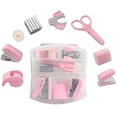 8 Pack Mini Office Supply Kit Portable Case with Scissors,Tape Dispenser Set, Punch,Pencil Sharpener, Mini Stapler with Staples and Staple Remover (Pink)