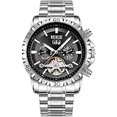 RUIGE Men's Automatic Mechanical Watch Model A3-2, Luxury Stainless Steel Skeleton Flywheel Business Dress Watch with Date Day Month Calendar, 30M Waterproof Luminous Steel Band