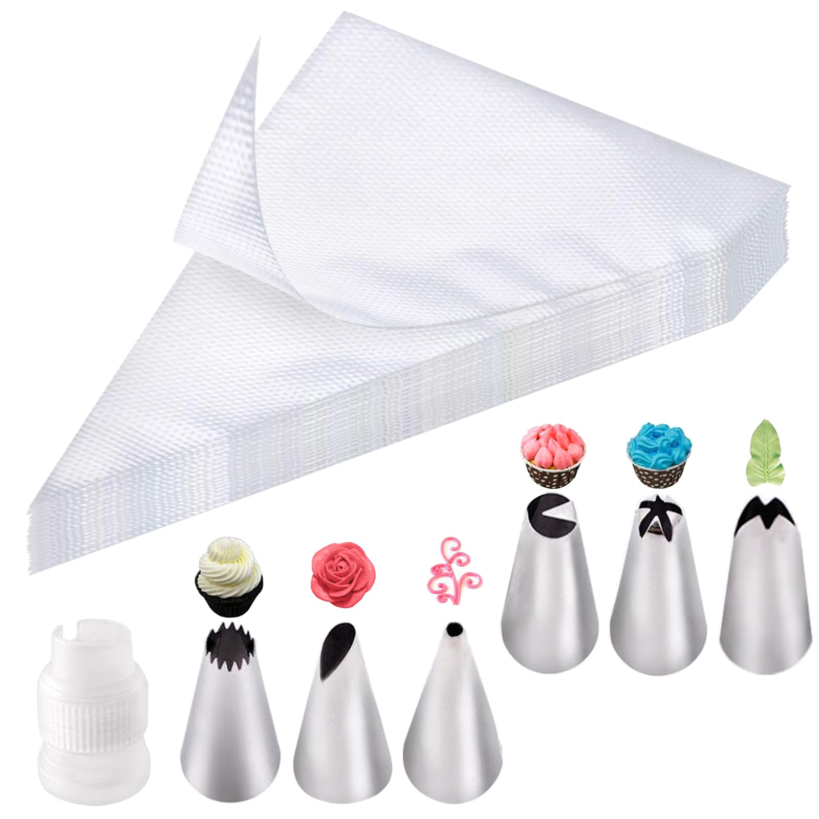 Soodyoow Piping Bag and Nozzles Set with Coupler, 100 Pcs Disposable Piping Bags, Large Decorating and Pastry Bags, Clear Piping Bags for Cake Cupcake Dessert Cookies Decoration