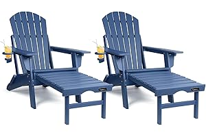 FUNBERRY Adjustable Folding Adirondack Chairs Set of 2 with Retractable Ottoman, All Weather Fire Pit Chairs with Cup Holder
