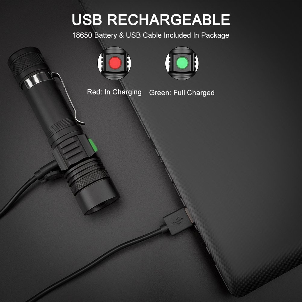 Torche Lampe LED Rechargeable USB, Coquimbo Lampe de Poche 600 Lumens, IP65 Étanche, 4 Modes Eclairage, Lampe de Poche Zoomable pour Ménage, le Camping, La Randonnée, D\'urgence (Batterie Incluse)