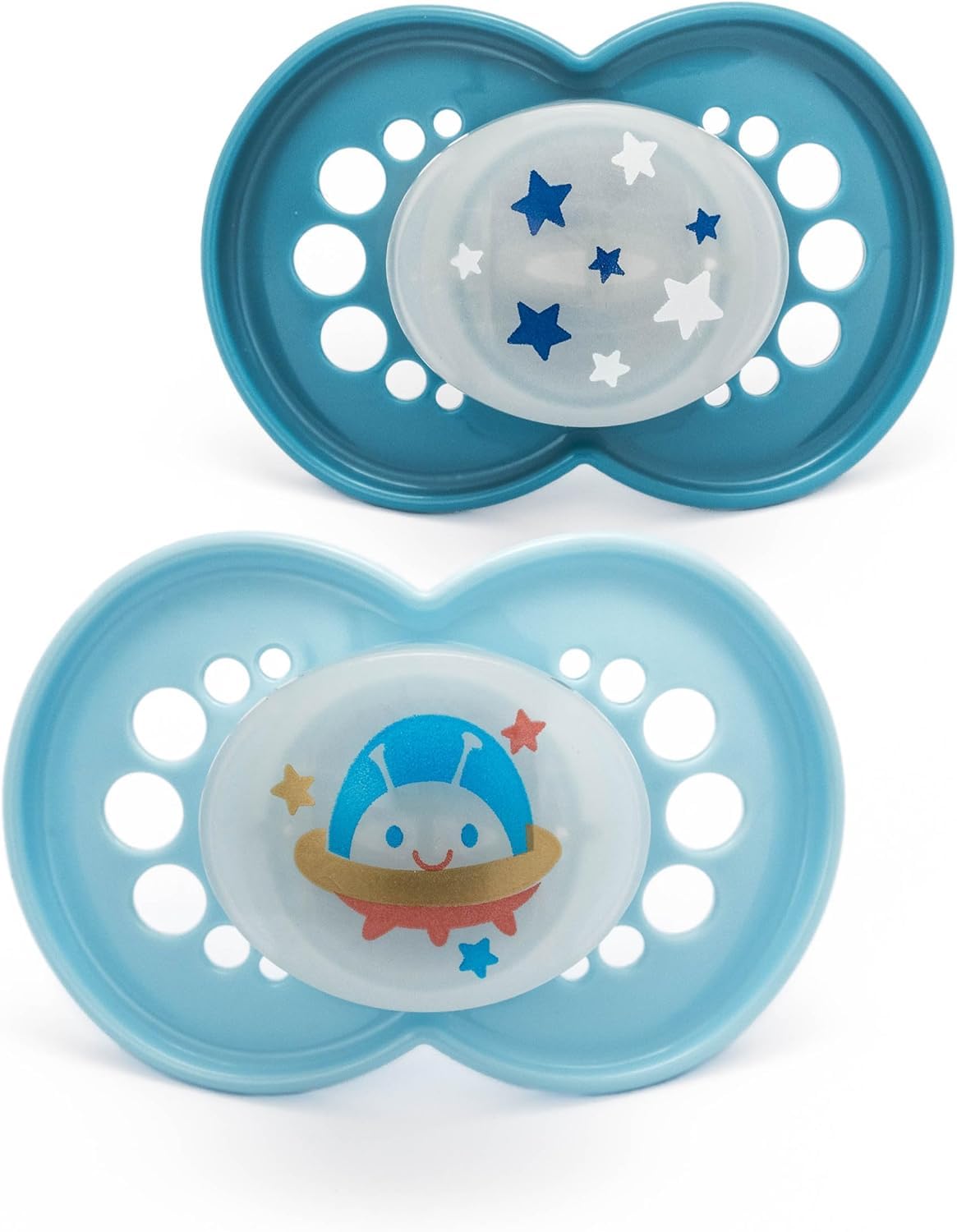 MAM Original Night Soothers | 18-36 Months | 2 Pack | Glow in The Dark Dummies | Comes in Dummy Steriliser Case | Sustainable Materials | Baby Accessories | Blue (Various Designs)