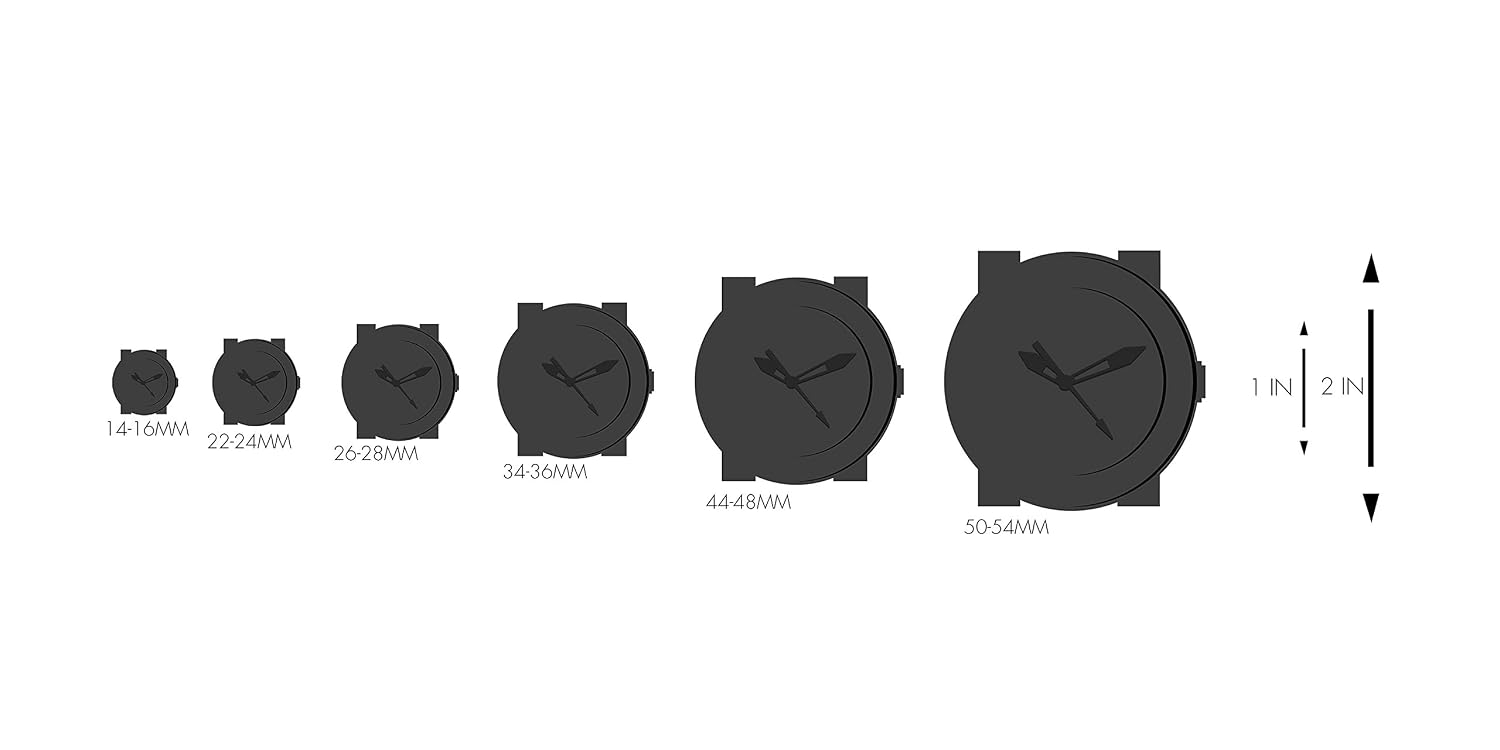 Watch size comparison chart showing various watch diameters from 14-16mm to 50-54mm, with 1 inch and 2 inch reference scales.