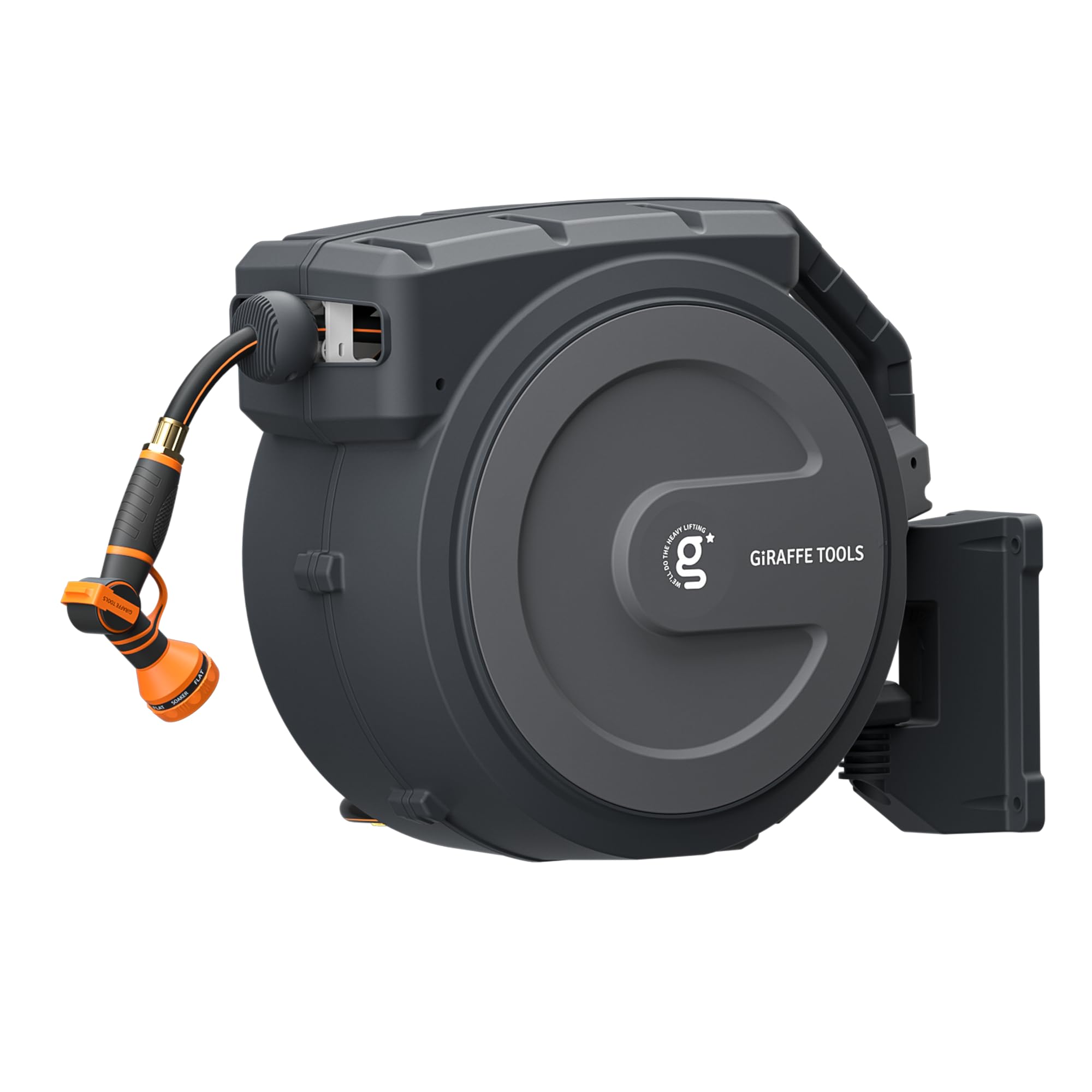 Giraffe Tools Retractable Hose Reel 5/8″ x 90 ft Wall Mounted Garden Hose Reel Heavy Duty, Automatic Rewind, 180 Deg Swivel, Any Length Lock, 9 Pattern Nozzle, 90 ft, Dark Grey