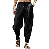 Gafeng Mens Linen Harem Pants Casual Loose Fit Beach Drawstring Elastic Waist Yoga Trousers with Pockets