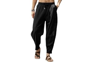 Gafeng Mens Linen Harem Pants Casual Loose Fit Beach Drawstring Elastic Waist Yoga Trousers with Pockets