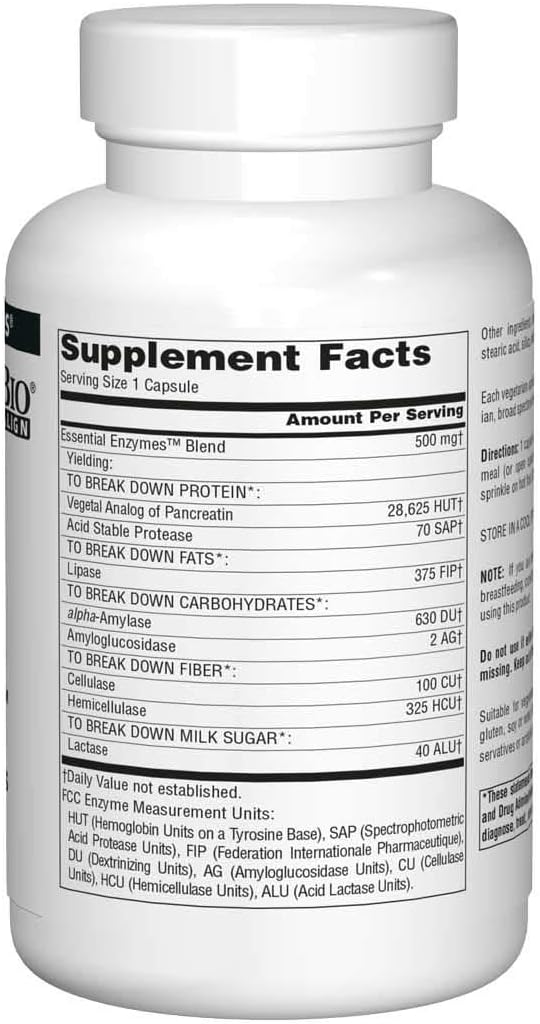 Source Naturals Essential Enzymes 500mg Bio-Aligned Multiple Enzyme Supplement Herbal Defense for Digestion, Gas, Constipation & Bloating Relief - Supports Immune System - 240 Vegetarian Capsules: Health & Personal Care