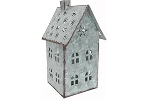 Sweet Summer Living Tabletop Farmhouse Decor, Tin Houses, Christmas Display Village House 9 Inch Height X 5.25 Inch Width X 4.5 Inch Length Metal Galvanized Antique Gray