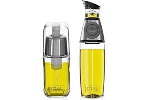 DWËLLZA KITCHEN Olive Oil Dispenser Bottle & Olive Oil Sprayer For Cooking - Glass 2 In 1 Oil Dispenser And Oil Sprayer - 17 Oz Cooking Oil Dispenser For Kitchen With Measurements & 6 Oz Spray Bottle